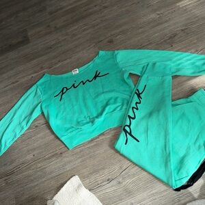 PINK Victoria's Secret Teal Green crewneck & Matching Bottoms